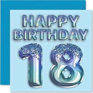 18e verjaardagskaart voor mannen - blauwe glitter feestballon - gelukkige verjaardagskaarten voor 18-jarige man broer zoon neef oom, 145 mm x 145 mm achttien achttiende verjaardag wenskaarten cadeau