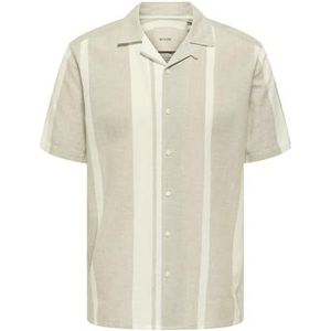 ONLY & SONS Herenhemd met korte mouwen, resortkraag, knoopsluiting, linnen, zomer, bovenstuk, Kaki, XL