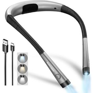 Glocusent LED-halsleeslampje, boeklicht voor het lezen in bed, 3 kleuren, 6 helderheidsniveaus, buigbare armen, oplaadbare, lange levensduur, perfect voor het lezen, breien, kamperen, repareren