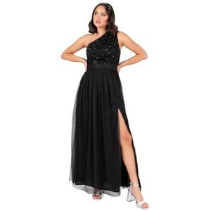 Maya Deluxe Maxi-jurk voor dames, één schouder, mouwloos, bloemen, pailletten, verfraaid, sjerp, riem, tule, A-lijn, split bruidsmeisje, zwart, 48, Zwart, 46