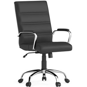 Zwarte LeatherSoft draaibare directiebureaustoel met middelhoge rugleuning, verchroomd onderstel en armleuningen