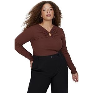 Trendyol Damesblouse met rechte lange mouwen, getailleerd in plussize, bruin, XL