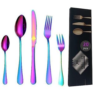 Bestekset, kleurrijke flatware set, 20-delig in geschenkdoos, spiegel gepolijst roestvrij staal bestekset, regenboog bestekset voor thuis, keuken, restaurant