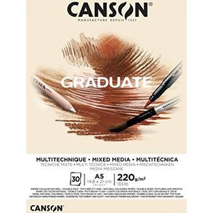 Canson Graduate, gemengd papier, middelgroot, dubbelzijdig: korrel en glad, 220 g, korte zijde, A5-14,8 x 21 cm, natuurlijk, 30 vellen
