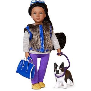 Lori Ilyssa en hond indigo – mini-pop 15 cm met poppenkleding en zwart lang haar, tas, zonnebril – speelgoed voor kinderen vanaf 3 jaar