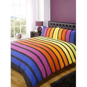 Soho Multi Stripe Dekbedovertrek Quilt Beddengoedset, blauw paars oranje geel groen, enkele maat - slaapkamer beddengoed by Rapport