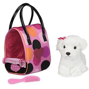 Pucci Pups Bichon Frisé knuffeldier hond in handtas met accessoires - pluche dier puppy in stippenpatroon tas - speelgoed voor kinderen vanaf 2 jaar