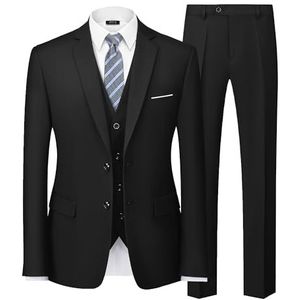 MY'S Men's 3 Piece Slim Fit Suit Set, 2 Button Blazer Jacket Vest Pants with Tie, Solid Wedding Dress Tux and Trousers Black