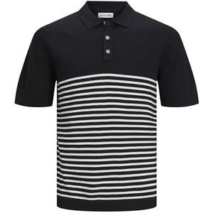 JACK & JONES Jjeemil Knit Polo S/S Sn, Black/Stripes:cloud Dancer, L