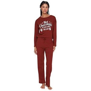 Trendyol Dames met slogan midden gebreide T-shirt-broek pyjama set, Bruin, S