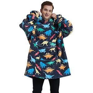 Mewkou Draagbare dekenhoodie voor dames en heren, oversized sherpa sweatshirt, draagbare deken, super warme flanellen deken met capuchon, Volwassen-dinosaurus, Adult