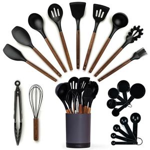 Siliconen keukengerei Set & Houder: Siliconen Kookgerei Set - Keuken Essentials voor Nieuwe Huis & 1e Appartement Keuken Set - Siliconen Spatel Set, Kooklepels voor Anti-aanbak Kookgerei