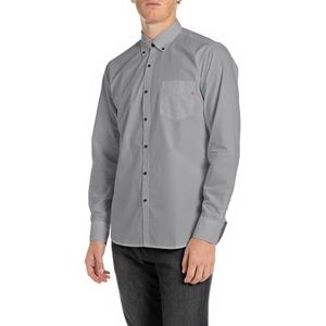 Replay Herenhemd met lange mouwen en borstzak, 093 Lead Grey, 3XL