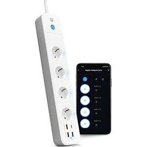 Garza Smart WLAN-stekkerdoos met schakelaar, 4 stopcontacten, 2 USB-type-A, USB C en USB 3.0, snel opladen PD20W/QC3.0, WLAN 2,4 GHz, programmeerbaar, verbruiksmeter, app-besturing en spraakbesturing Alexa/Google