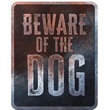 D&D Home, Waarschuwingsbord Let op de hond, 25x20x0,3 cm, Engelse versie, zwarte achtergrond, roestbestendig metalen waarschuwingsbord met grappige tekst