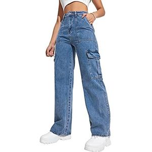 Cargo Pants High Waisted Baggy Cargo Jeans Straight Leg Y2K Streetwear Broek 6 Zakken voor Vrouwen Tiener Girl., Lichtblauw, S