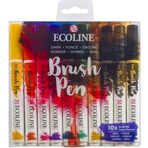 Ecoline Brush Pen Set van 10 - Donker | Penseelstiften met Aquarelverf voor Bullet Journal, Handlettering, Kleurboeken & Tekenen