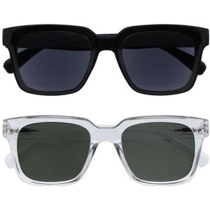 OPULIZE ERA Sunglasses-Black/Green Tinted Lens-2 Pack-Anti-reflective & Anti-Glare - Polarised Lenses With UV400 Protection - Oversized Rectangular Frame-Spring Hinges-Black/Clear-Mens Womens +0.00
