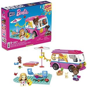 MEGA Barbie Avontuurlijke Droomcamper, bouwset met 123 bouwstenen en speciale onderdelen, accessoires en 2 micropoppen, cadeauset voor kinderen vanaf 5 jaar, GWR35