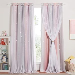 Nicetown Verduisteringsgordijn, voor meisjes, voor kinderkamer, 2 stuks, met vitrage, met sterren, met ingestanste ringen, 213 x 132 cm (b x h), roze en grijs