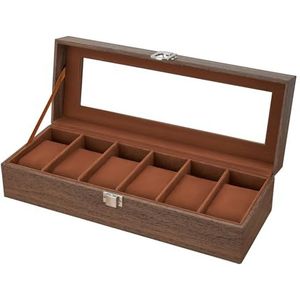 Ohuhu Horlogebox met 6 vakken, horlogekast met glazen deksel, houtnerf PU-lederen horlogehouder met fluwelen kussens, horlogeopbergdoos voor mannen en vrouwen, cadeau-idee voor verjaardag Vaderdag