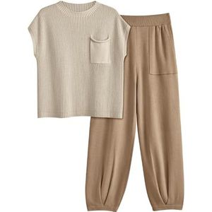 LILLUSORY 2-delige gebreide sets voor dames trendy joggingpaksets, Licht Kaki, S