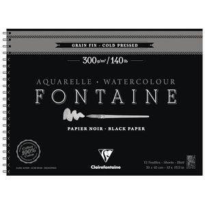 Clairefontaine - Ref 975312C - Fontaine koudgeperst zwart aquarel draadgebonden pad (12 vellen) - 30 x 40 cm formaat, 300 g/m² papier - Geschikt voor aquarel kunstwerken