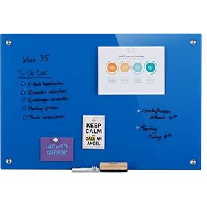 Relaxdays glassboard, beschrijfbaar, magneten, marker, houder, voor kantoor en keuken, magneetbord glas, 60x90cm, blauw