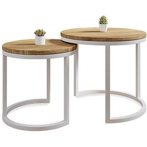 Lumarc Modena, Set van 2 Salontafels, Handgemaakt in Massief Natuurlijk Eikenhout met een Modern en Minimalistisch Industrieel Design, Bijzettafel, Koffietafel, Ronde, Ø50x43 cm / Ø40x38 cm