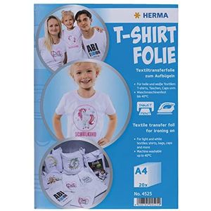 HERMA 4525 Textielfolie voor licht en wit textiel, 20 stuks, strijkfolie A4 om zelf vorm te geven, T-shirt-transferfolie om te bedrukken en op te strijken, bedrukbare inkjetprinter-transferfolie, wit