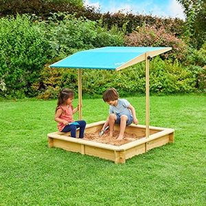 TP Toys, Houten zandbak met zonnedak, grote buitenspeelruimte met luifel voor schaduw, premium zandbak voor kinderen, ideaal voor tuinen, parken en speeltuinen, 118 x 118 x 120 cm, leeftijd 2 jaar +