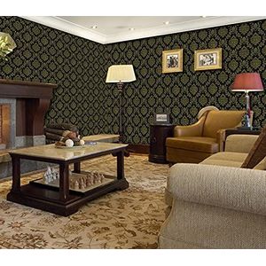BUVU Behang 53 x 1000 cm barok ornament vinyl goud zwart, glamour loft design, voor woonkamer, slaapkamer of keuken