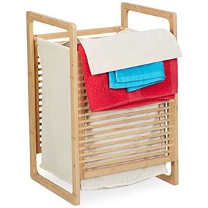 Relaxdays bamboe wasmand - wasbox met deksel - 60 x 40 cm - stoffen waszak - badkamer