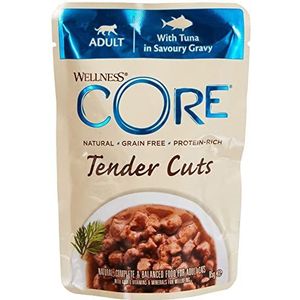 Wellness CORE Tender Cuts, nat kattenvoer in saus, graanvrij, hoog vleesgehalte, tonijn, 24 x 85 g