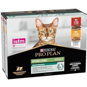 Purina Pro Plan Natvoer voor katten, gesteriliseerd, rijk aan kip en os, 4 verpakkingen à 10 zakjes à 85 g