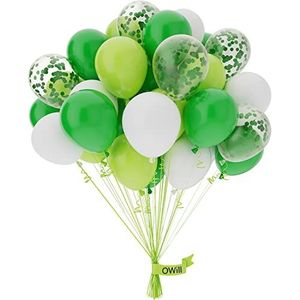 OWill Witte lichtgroene confettiballonnen, 50 stuks 10 inch witte lichtgroene confettiballonnen, witte lichtgroene confettiballonnen, latexballonnen voor bruiloft, verjaardag, feestdecoraties