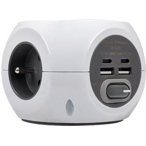 SIMON Combiball Meervoudig stopcontact, Frans stopcontact, stekkerdoos met Frans stopcontact en 2 USB A + 2 USB C, 7 laadaansluitingen, stekkerdoos met schakelaar, wit