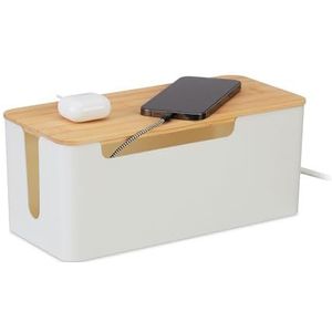 Relaxdays kabelbox - voor 2 stekkerdozen - bamboe deksel - kunststof - 13 x 31 x 14 cm - kabels verstoppen