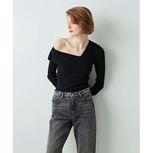 IPEKYOL Dames asymmetrische kraag Knitwear Sweater, Zwart, S