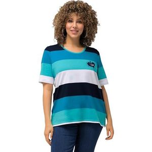 Ulla Popken Klassiek T-shirt voor dames, gestreept, hart, ronde hals, halflange mouwen en borduurwerk, Diep aqua, 42-44
