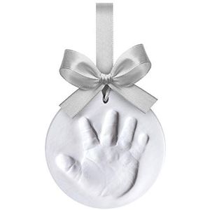 Happy Hands Ornament Handafdrukset voor een baby hand- of voetafdruk ter herinnering (diameter: 10,5 cm, gemakkelijk te gebruiken, incl. huidvriendelijke modelleermassa en lint), zilver