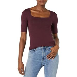 Amazon Essentials Women's T-shirt met halve mouwen, vierkante hals en slanke pasvorm, Bordeauxrood, M
