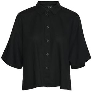 VERO MODA Dames Overhemd met losse pasvorm en knoopsluiting Bloes Korte Mouwen Vrouwenbloes, Colour:Black, Size:M