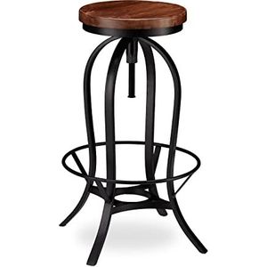 Relaxdays barkruk industrieel, draaibare kruk, vintage stoel, ijzer & hout, hoogte verstelbaar tot 76.5 cm, zwart/bruin