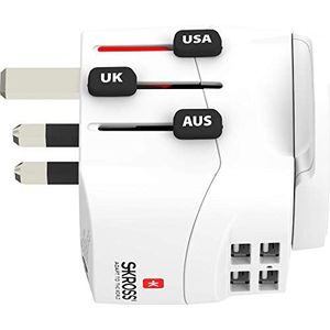 SKROSS | 1.302471 | PRO Light USB(4xA) - World | Universele 2- en 3-polige reisadapter met 4 x USB-poorten met 4,8 A. Spanning en vermogen: 100V–700W/250V–1750W. Bescherming tegen elektrische schokken
