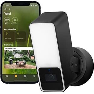 Eve Outdoor Cam: beveiligde camera met schijnwerper, maximale bescherming en privacy (HomeKit Secure Video), 1080p, nachtzicht, wifi (2,4 GHz), bewegingssensor, tweerichtingscommunicatie