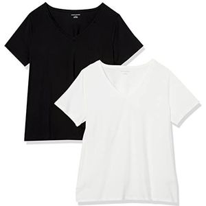Amazon Essentials Dames Classic-Fit T-shirt met korte mouwen en V-hals, set van 2, wit/zwart, 3x