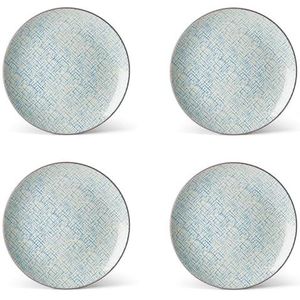 Evviva Set platte borden, aardewerk, 4 platte borden, 25 cm, modern en kleurrijk, geometrisch patroon, model: Althea, jute lichtblauw