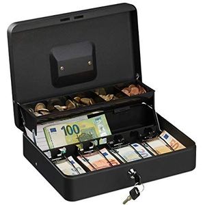 Relaxdays geldkistje met slot, bakje voor munten & briefgeld, geldkluisje ijzer H x B x D 8,5 x 30,5 x 24,5 cm, zwart