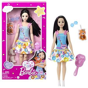 Barbie Pop voor peuters en kleuters, zwart haar, Mijn Eerste Barbie 'Renee' Pop, speelgoed en cadeaus voor kinderen, pluchen vos, accessoires, zacht en beweegbaar lichaam, HLL22